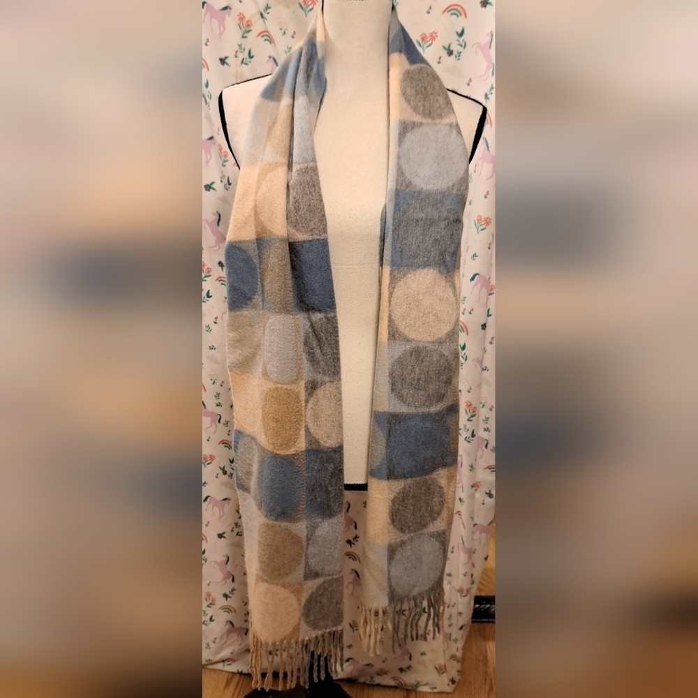EUC Begg of Ayr Colorblock Polka Dot Cashmere Neutral Casual Winter Scarf Wrap - Picture 2 of 7